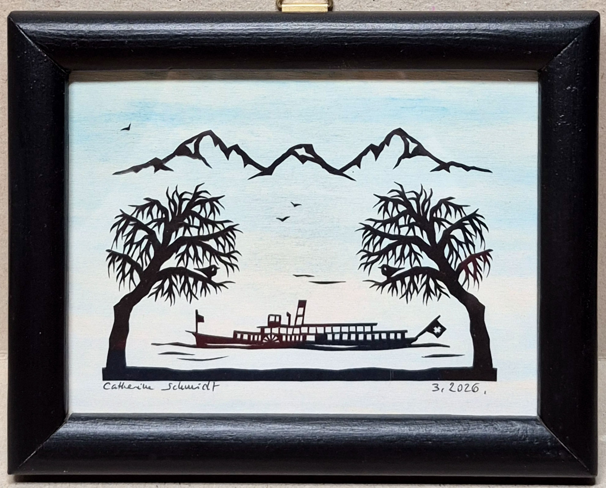 "En bateau" sur le Simplon, cadre en bois peint noir 9,6 x 13,6 compris