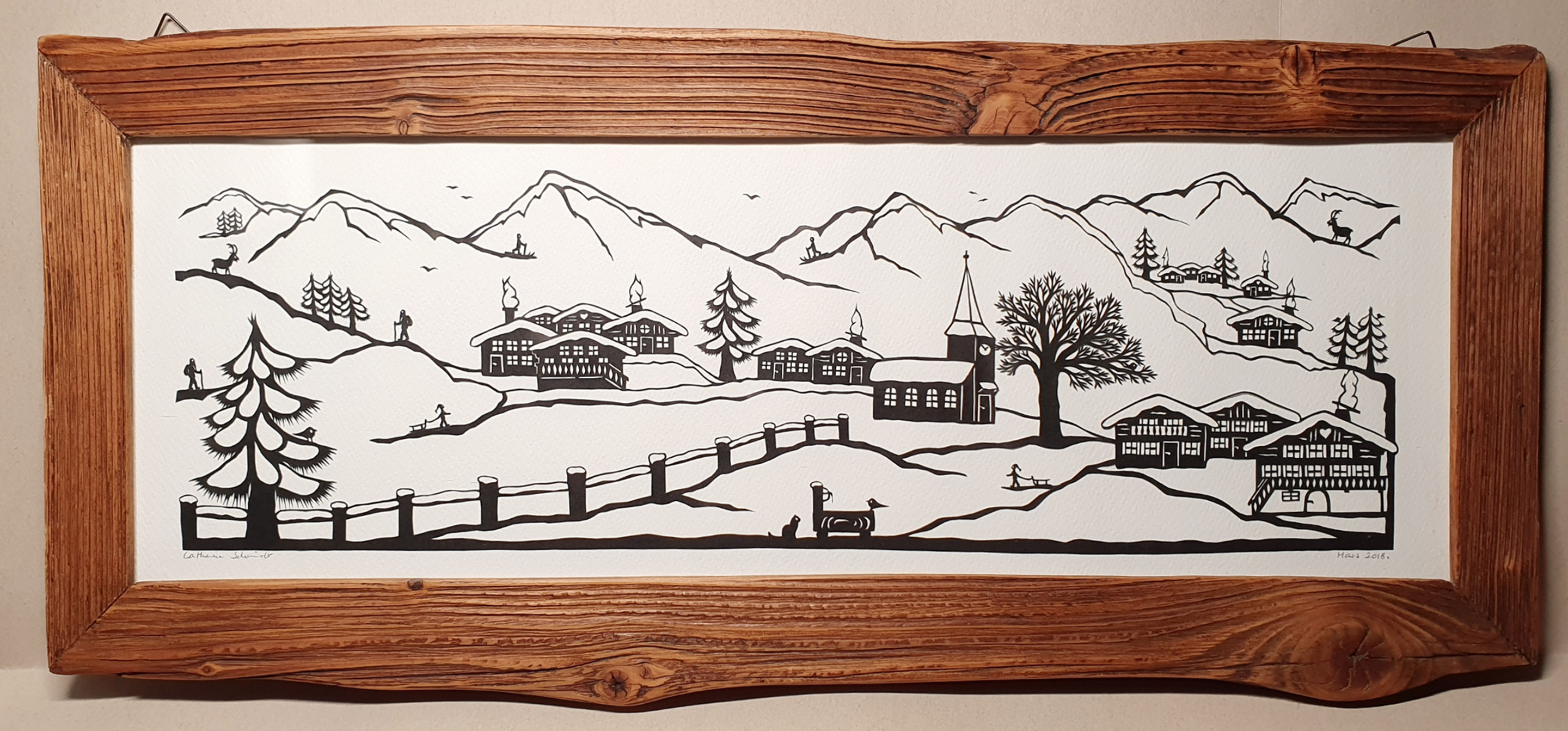 Village sous la neige, cadre bois ancien 28 x 62.5 cm compris