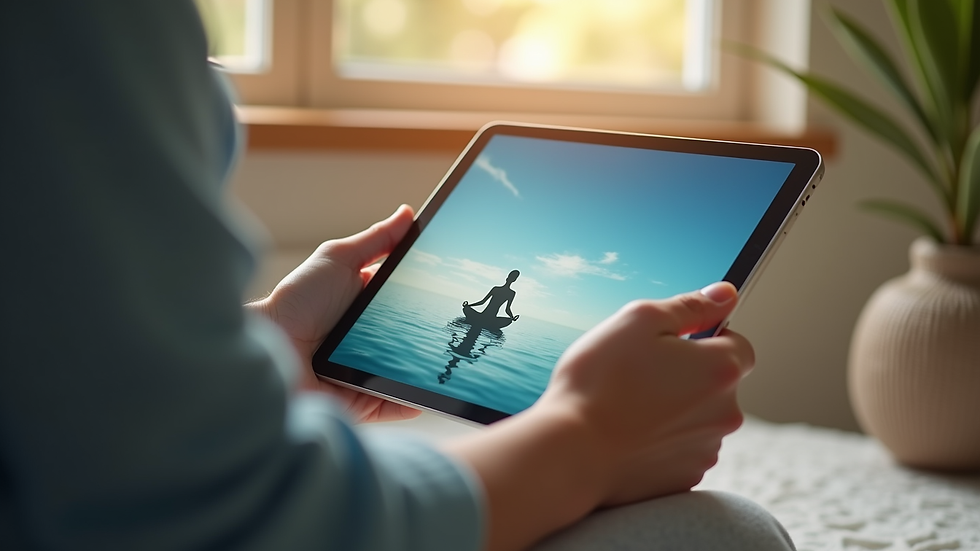 Close-up view of a tablet displaying a meditation app with calming visuals