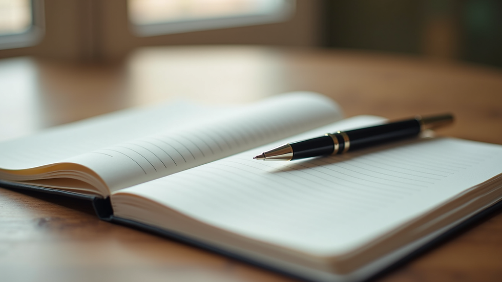 Close-up view of a journal and pen on a wooden table, symbolizing reflection and planning