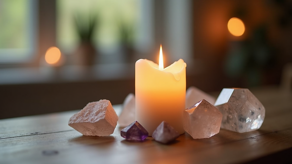 Close-up view of a candle and crystals arranged for spiritual practice