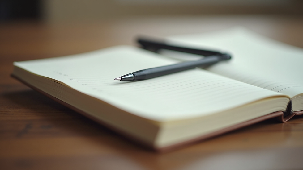 Close-up view of a journal and pen on a wooden table, symbolizing reflection and growth