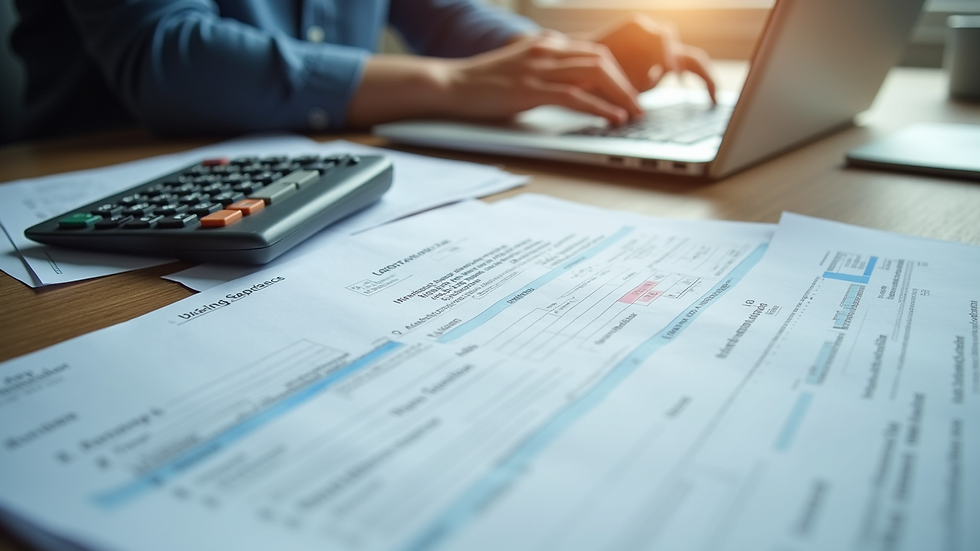 Eye-level view of a desk with organized tax documents and a calculator