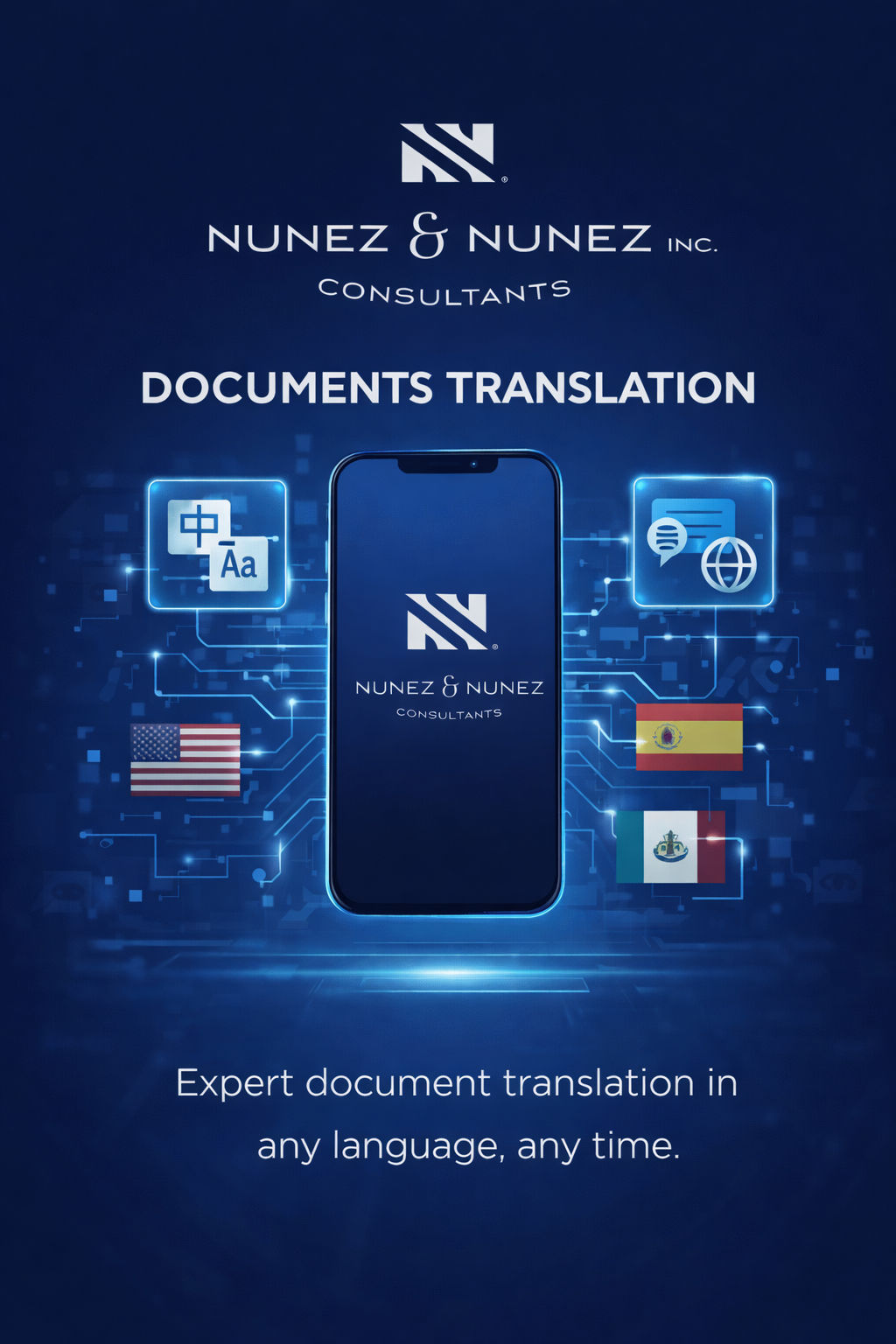 Documents translation service app showing US, Spanish, Mexican flags