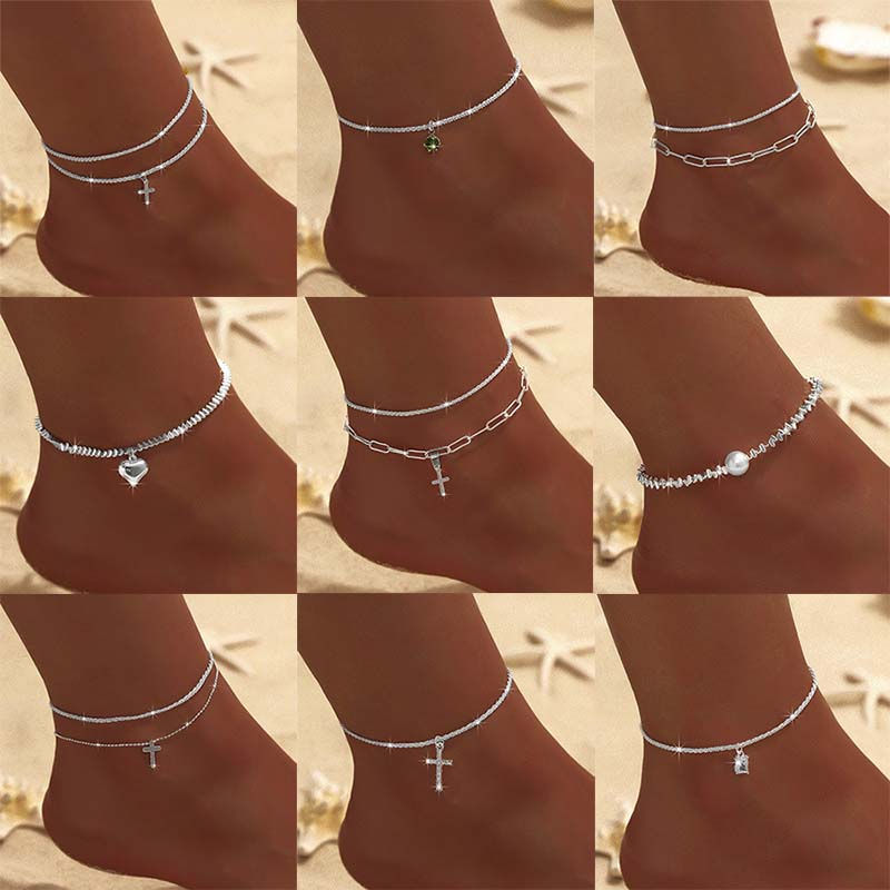 Delicate Double-Layer Anklet with Zircon Heart & Cross Pendants