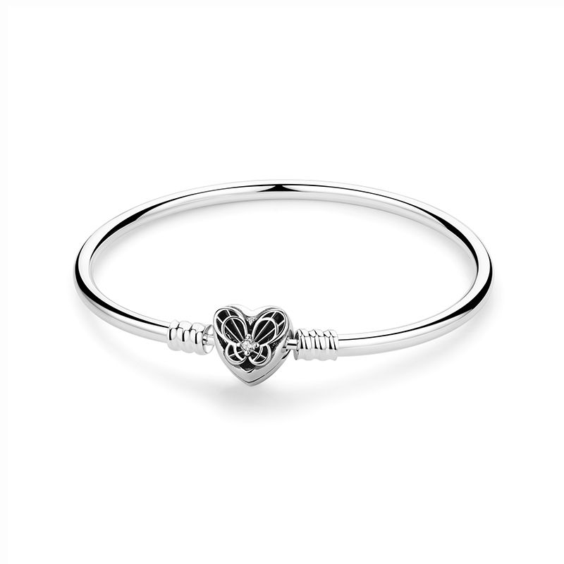 Thumbnail: Authentic 925 Sterling Silver Snake Chain Bracelet with Love Heart Clip Charms