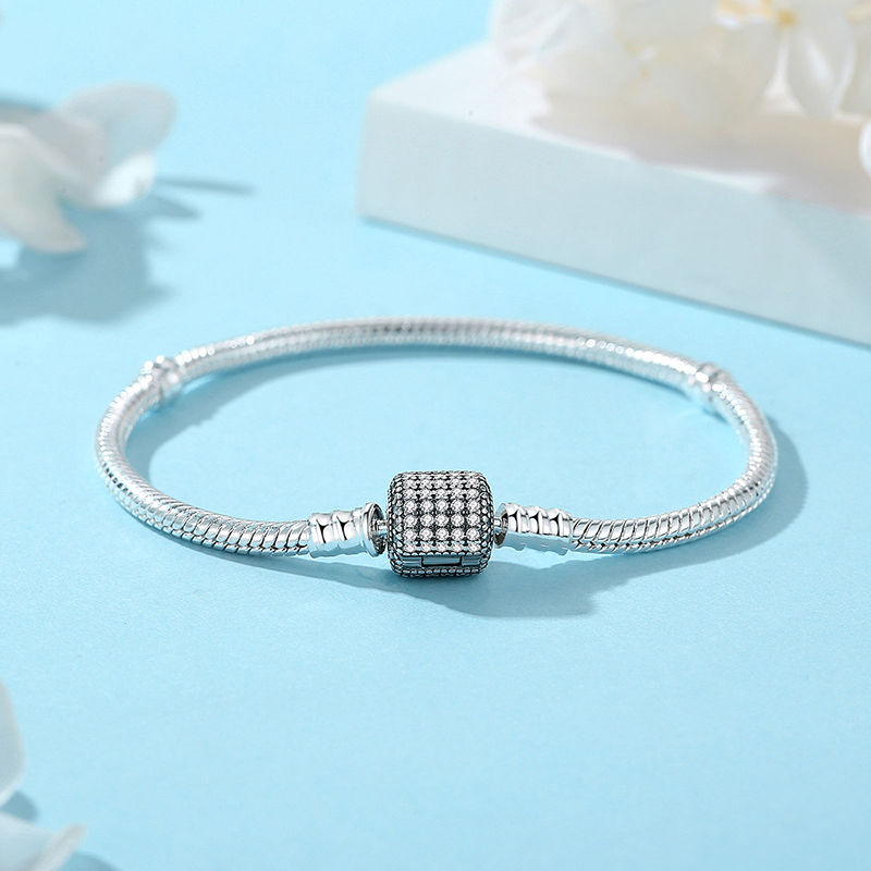 Thumbnail: Authentic 925 Sterling Silver Snake Chain Bracelet with Love Heart Clip Charms