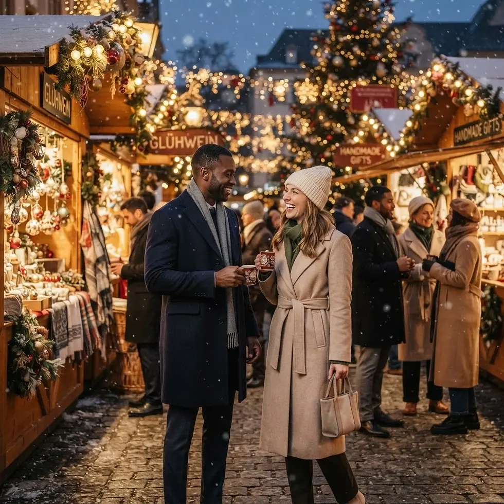 Lifestyle photography of a smiling couple enjoying a festive night at a crowded Christmas market. The scene is illuminated by warm string lights and decorated wooden stalls during the holiday season.