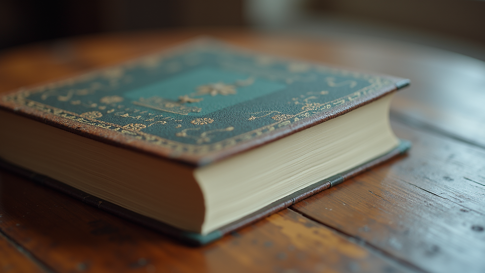 Close-up view of a hardcover book with a dust jacket and striking design