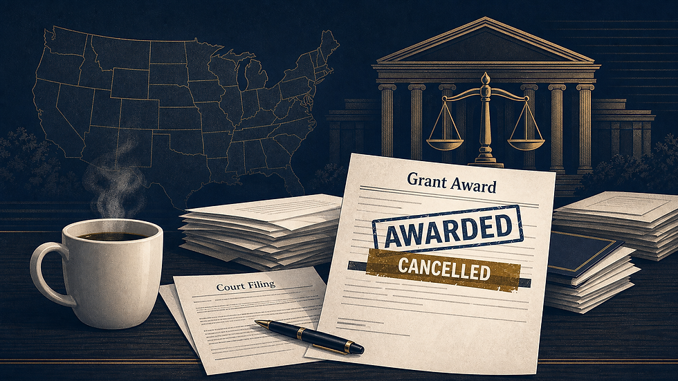 An editorial illustration in deep navy, muted gold, and soft off-white tones shows a steaming coffee mug beside a stack of papers, a 'Court Filing' document, and a pen on a wooden table, with a prominent 'Grant Award' paper stamped 'AWARDED' and 'CANCELLED' in the foreground, set against a background silhouette of a courthouse with classic columns, a scales-of-justice icon, and a faint outline of the United States map.