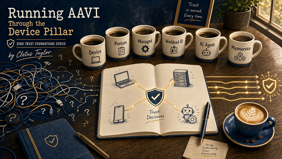 "Illustration of a coffee table with mugs labeled Device, Posture, Managed, Workload ID, AI Agent, and Microservice, next to a notebook diagram showing a laptop, phone, server, and AI agent icon connected by glowing gold lines to a central trust shield, symbolizing Zero Trust device and workload trust decisions, in navy, gold, and cream editorial style."