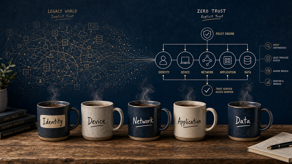 Five coffee mugs labeled Identity, Device, Network, Application, and Data beside a legacy security diagram being transformed into a Zero Trust decision model.