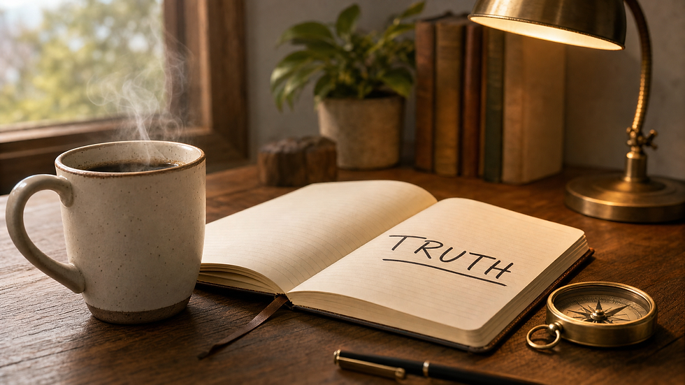 Finding Truth blog banner with coffee mug, notebook reading Truth, and compass symbolizing moral courage and truth-telling