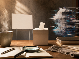 Finding Truth blog banner with coffee mug, ballot box, and glitching shape symbolizing AI-manipulated political video in the Texas Senate race