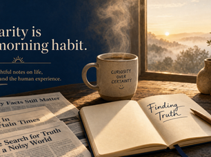 A coffee shop table with a steaming mug, newspaper headlines, and a notebook labeled Finding Truth as fog lifts in the background