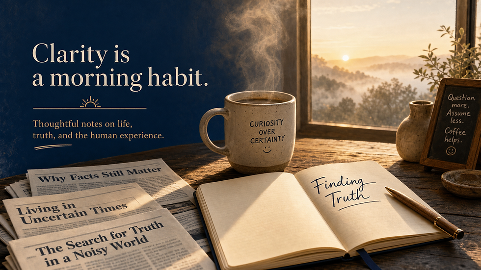 A coffee shop table with a steaming mug, newspaper headlines, and a notebook labeled Finding Truth as fog lifts in the background