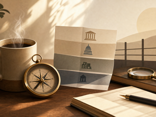 Coffee mug, compass, and abstract fence-line symbolizing calm scrutiny of border security claims in the Finding Truth series