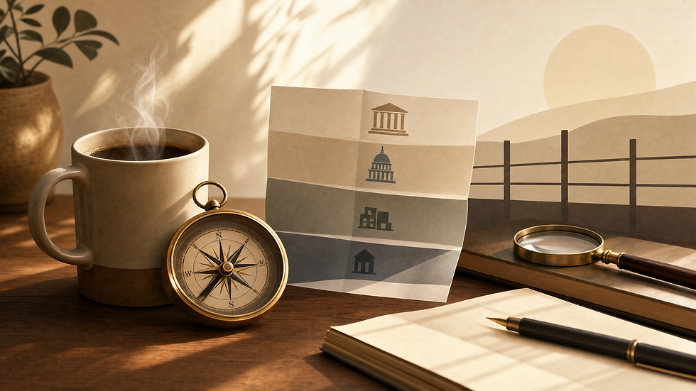 Coffee mug, compass, and abstract fence-line symbolizing calm scrutiny of border security claims in the Finding Truth series