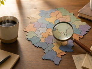 Coffee mug, abstract puzzle-piece district map, and a magnifying glass symbolizing scrutiny of Texas redistricting in the Finding Truth series
