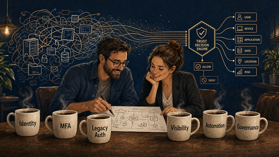 Two cybersecurity practitioners sit at a coffee table reviewing a hand-drawn hybrid application architecture sketch, surrounded by six steaming coffee mugs labeled Identity, MFA, Legacy Auth, Visibility, Automation, and Governance, with a messy, tangled legacy access path on the left gradually transforming into a clean, organized Zero Trust trust-decision flow on the right, rendered in deep navy, muted gold, and soft off-white tones.