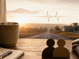 Coffee mug, rural hospital silhouette, and a road into the distance symbolizing access to care in the Finding Truth series