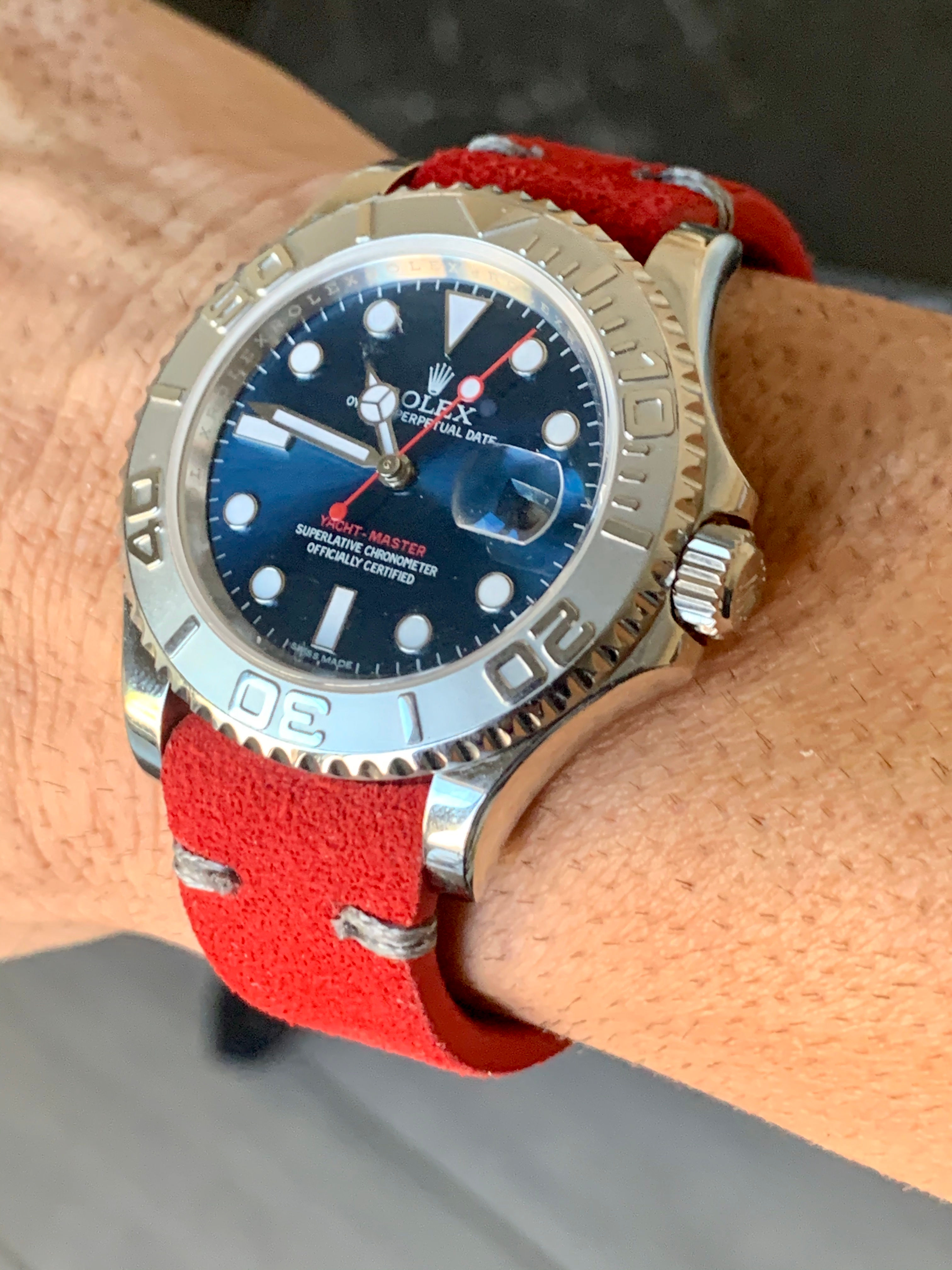 Red Suede Vintage Leather strap GRAY stitching