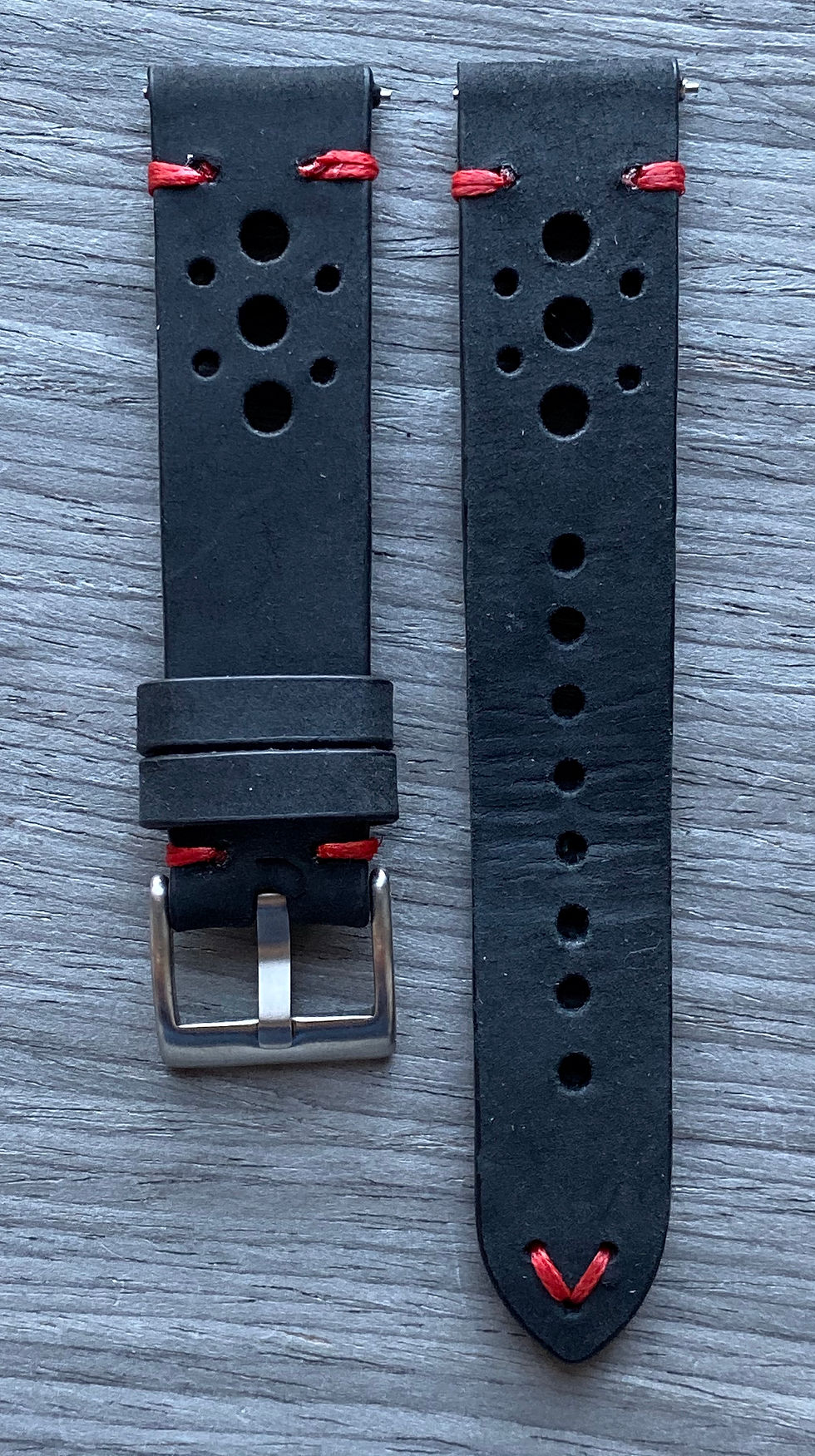 Thumbnail: BLACK Thick, Crazy Horse Leather Racing watch strap RED Stitch