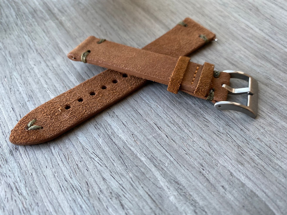 Thumbnail: BROWN Suede Vintage Leather strap band DARK GREEN stitch