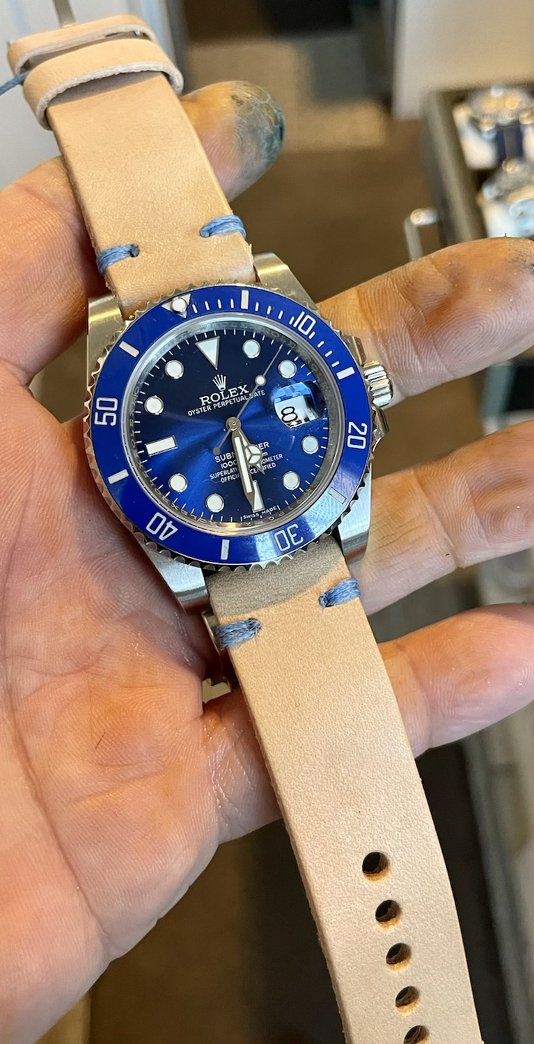 Thumbnail: TAN/BEIGE Vegetable Tanned Leather strap BLUE stitch