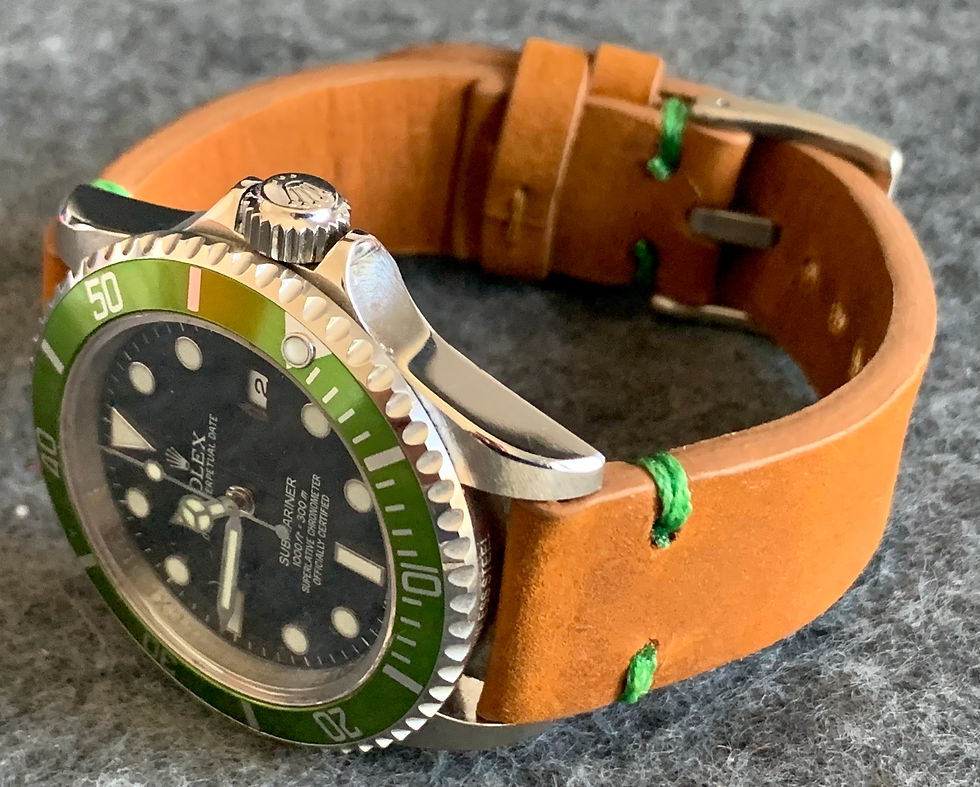 Thumbnail: BROWN, Thick, Crazy Horse Leather watch strap - GREEN Stitching