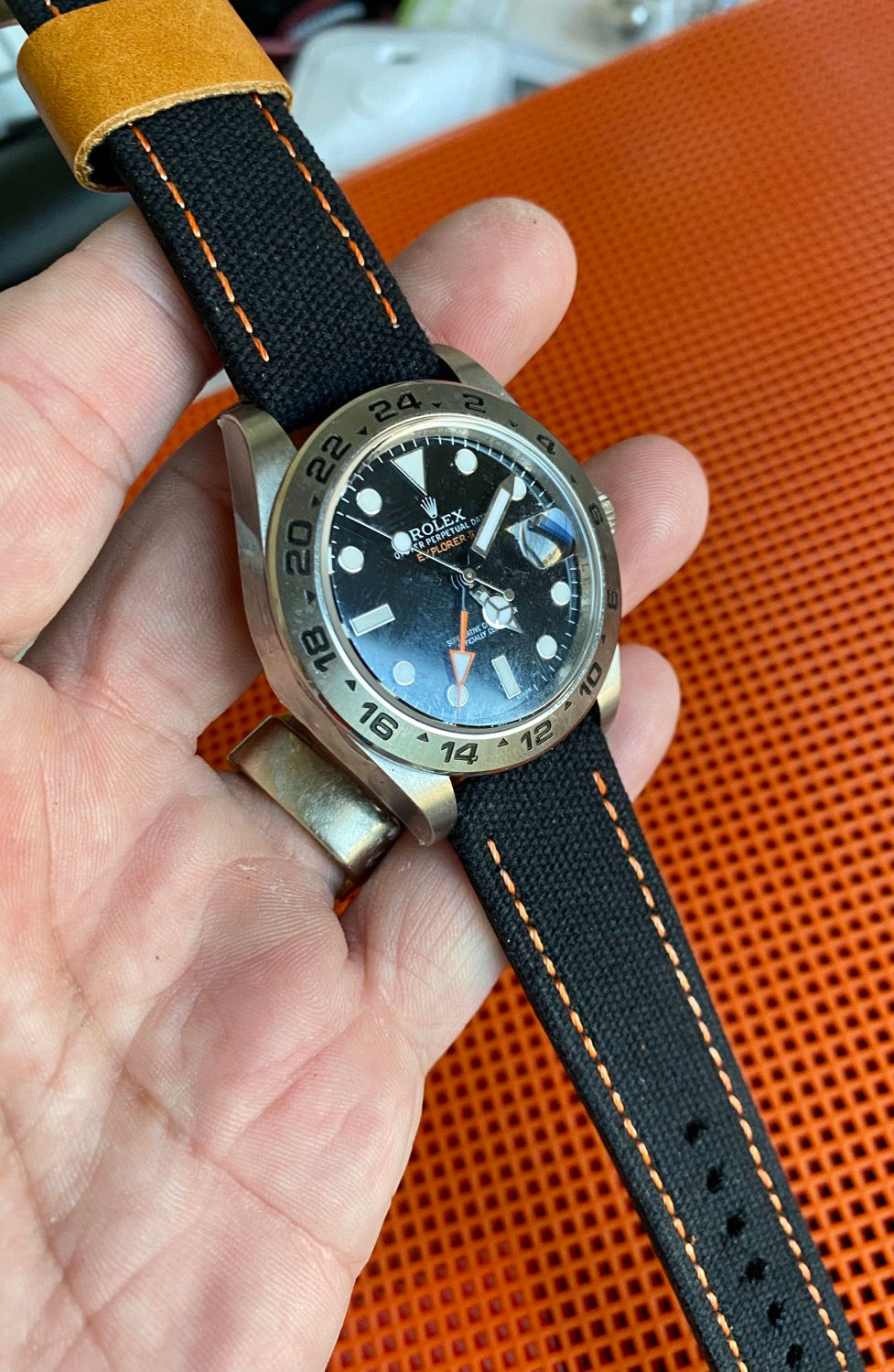 Thumbnail: BLACK Canvas & Leather strap ORANGE stitching