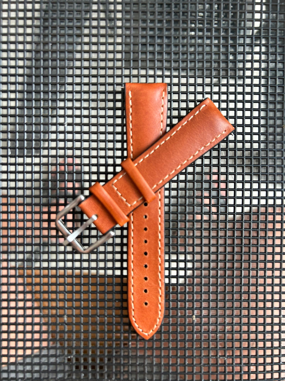 Thumbnail: 20mm BURNT ORANGE Waterproof Rubber & Top Grain Leather strap, open WHITE Stitch