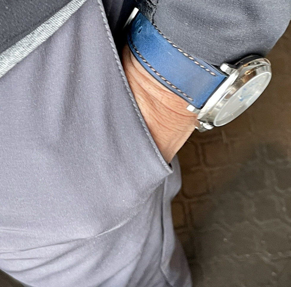 Thumbnail: Waterproof Navy BLUE top grain Leather Watch strap Rubber Bottom Lt. BROWN