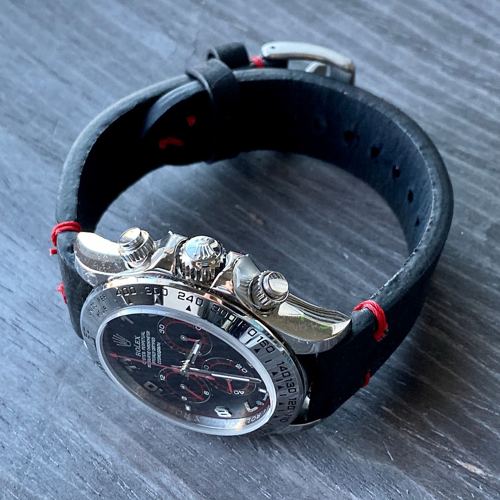 Thumbnail: BLACK Crazy Horse Leather Watch strap Thin RED Stitching