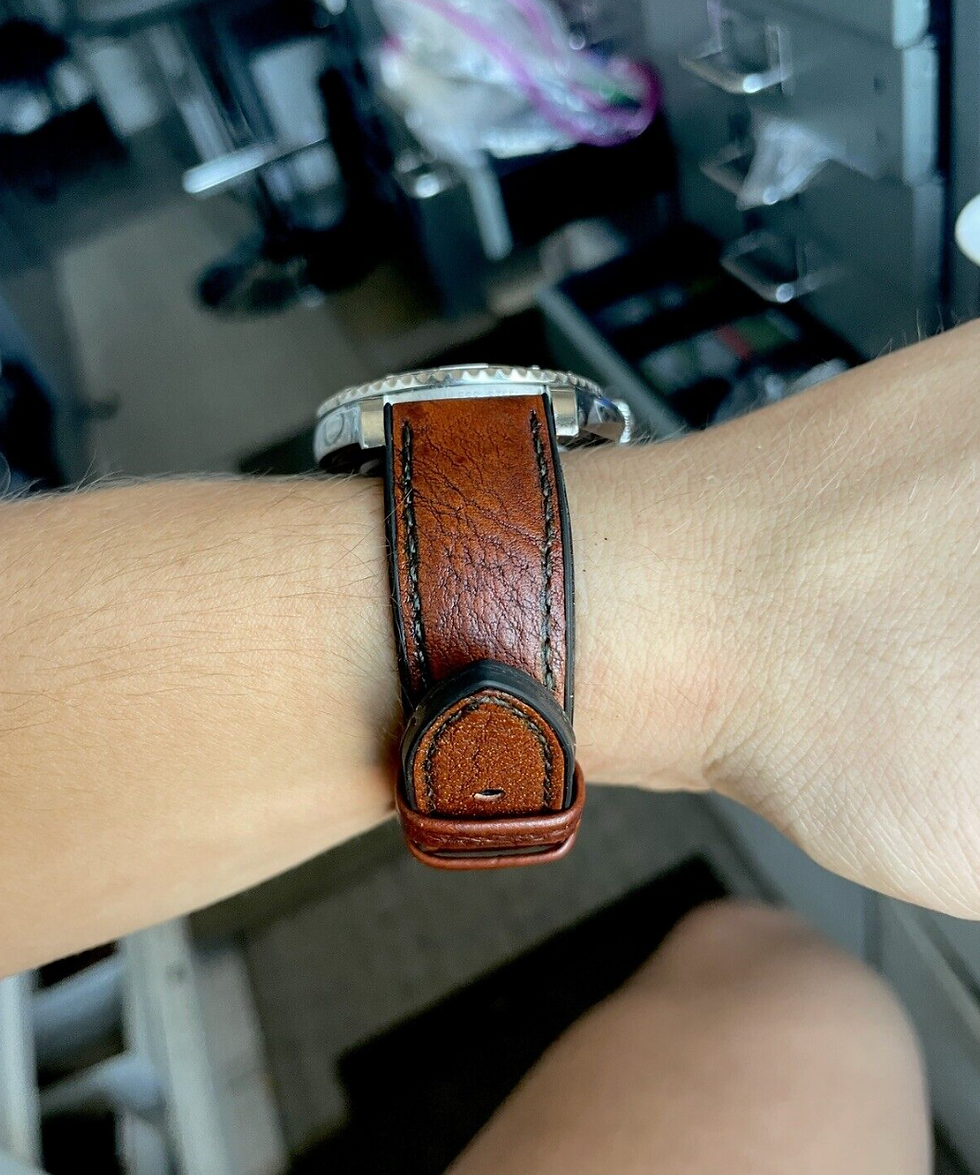 Thumbnail: Waterproof DARK BROWN Leather Watch strap Rubber Bottom BLACK stitch