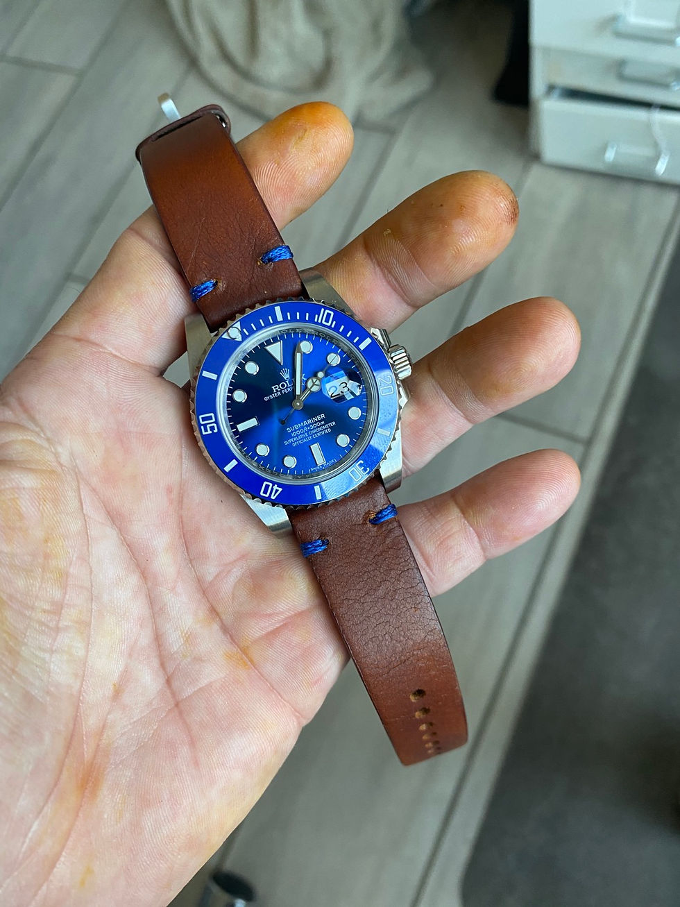 Thumbnail: “Scortched” BROWN Cumberland Canyon leather BLUE stitch