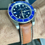 Thumbnail: Waterproof BROWN Leather Watch strap Rubber Bottom BLUE stitch