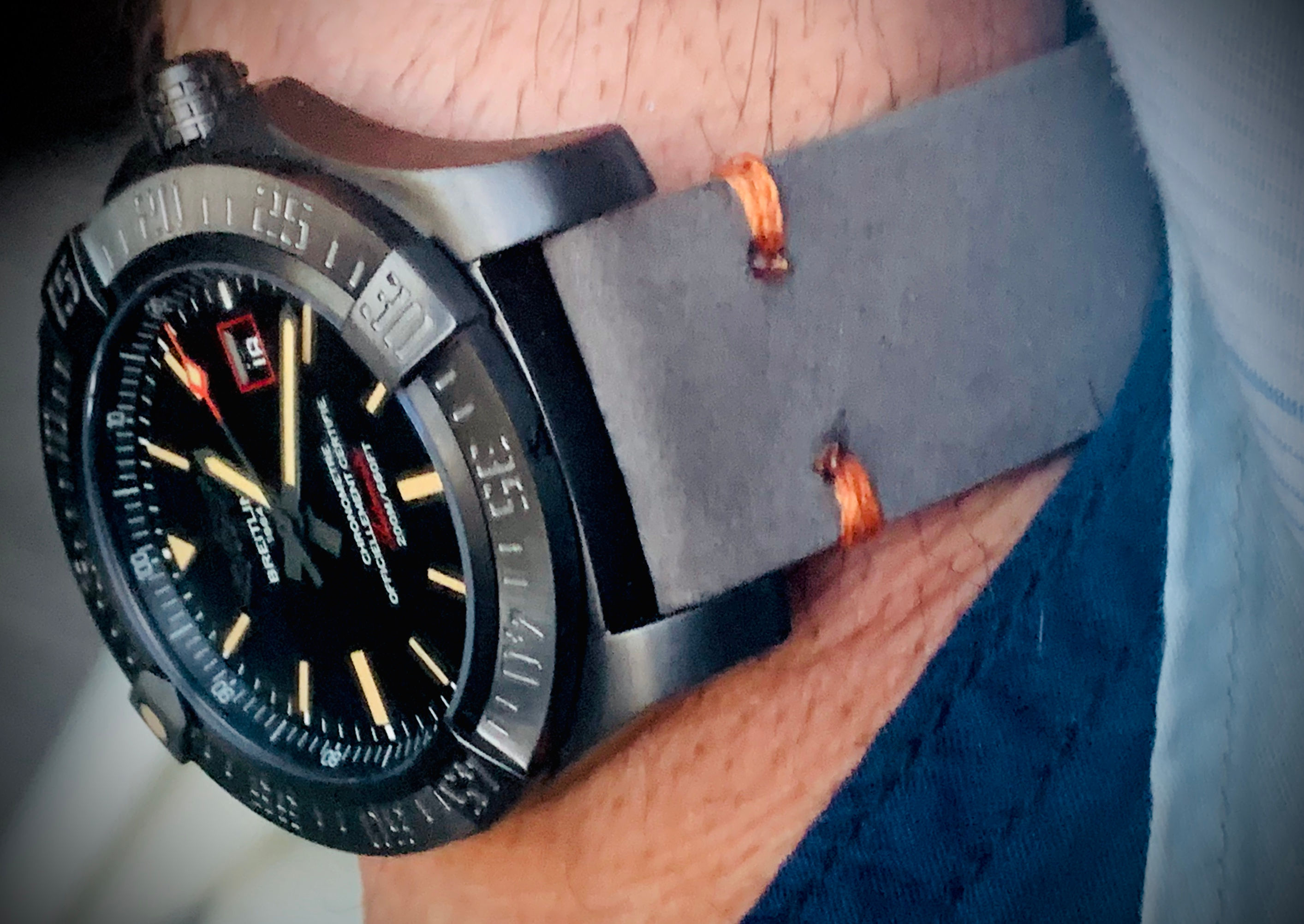 Thick Gray Crazy Horse Leather watch strap - Orange Stitch