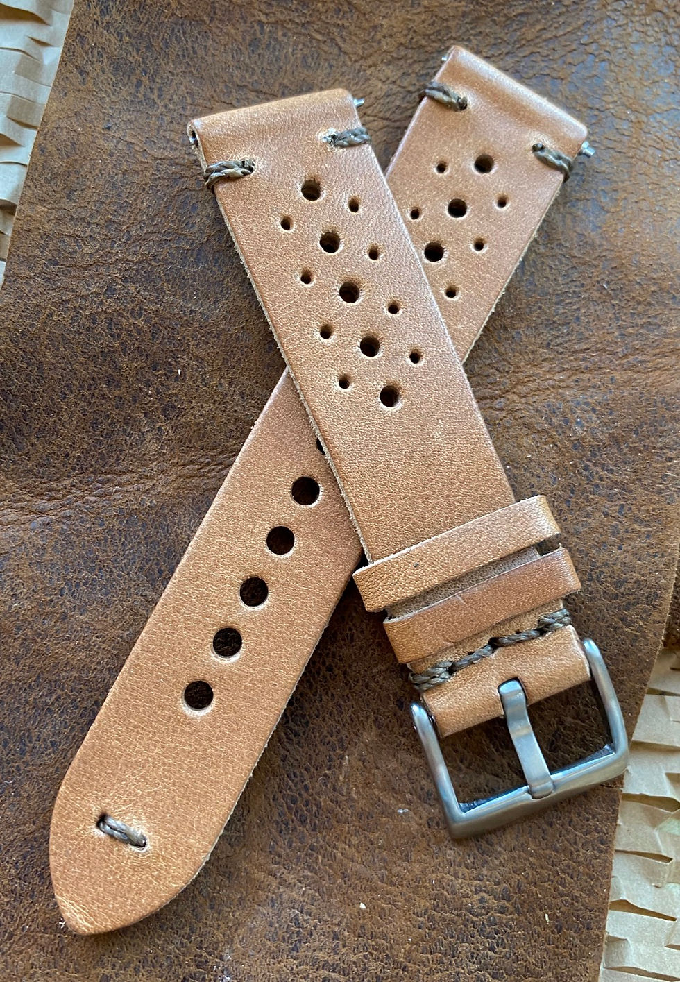 Thumbnail: TAN/BEIGE Vegetable Tanned Leather vintage rally straps BROWN stitch