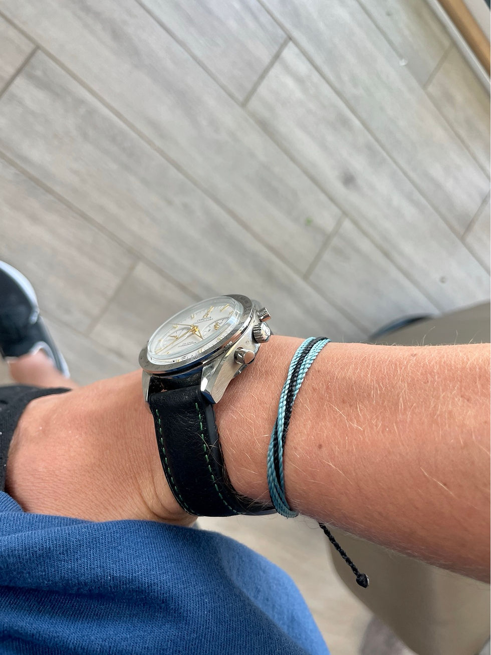 Thumbnail: Waterproof BLACK Leather Watch Strap Rubber Bottom GREEN Stitch