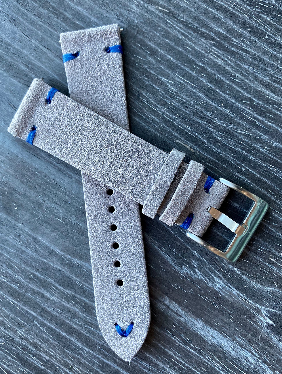 Thumbnail: Light GRAY Suede Vintage Leather strap band BLUE stitch