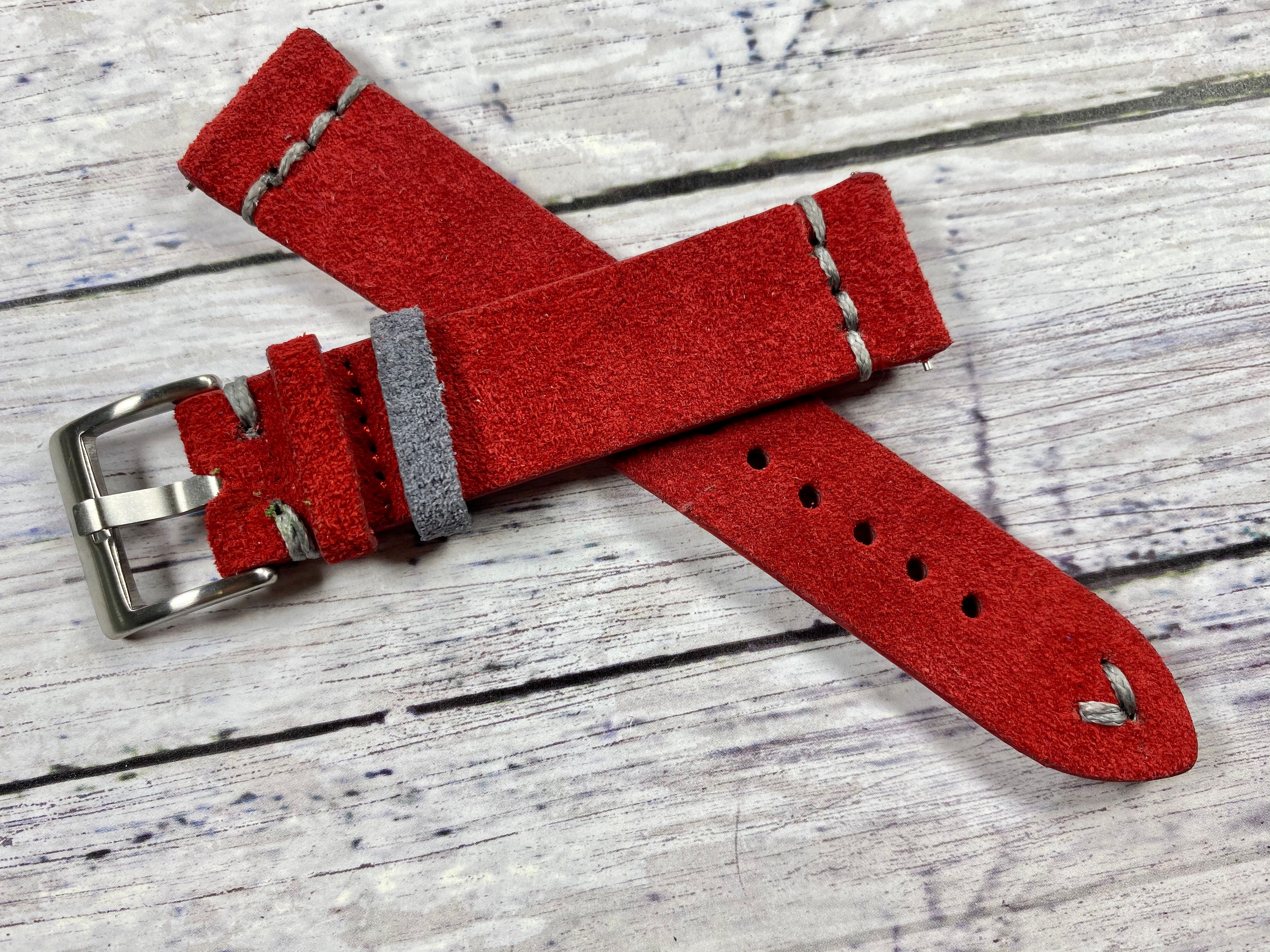 RED Suede Vintage Leather strap band GRAY stitch