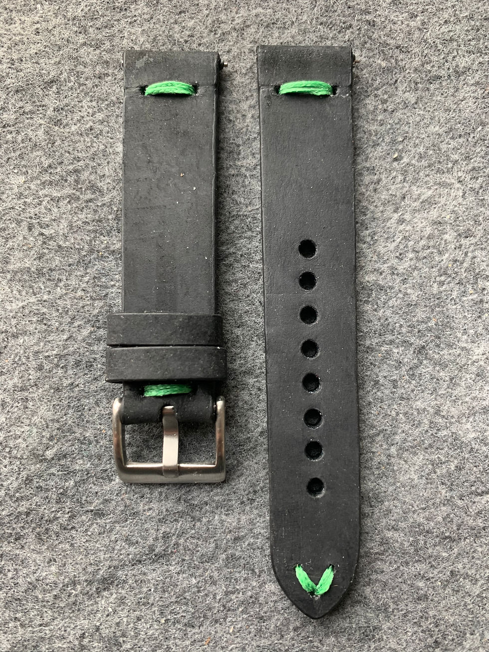 Thumbnail: Black Modern, Minimalistic Distressed Leather strap GREEN stitching