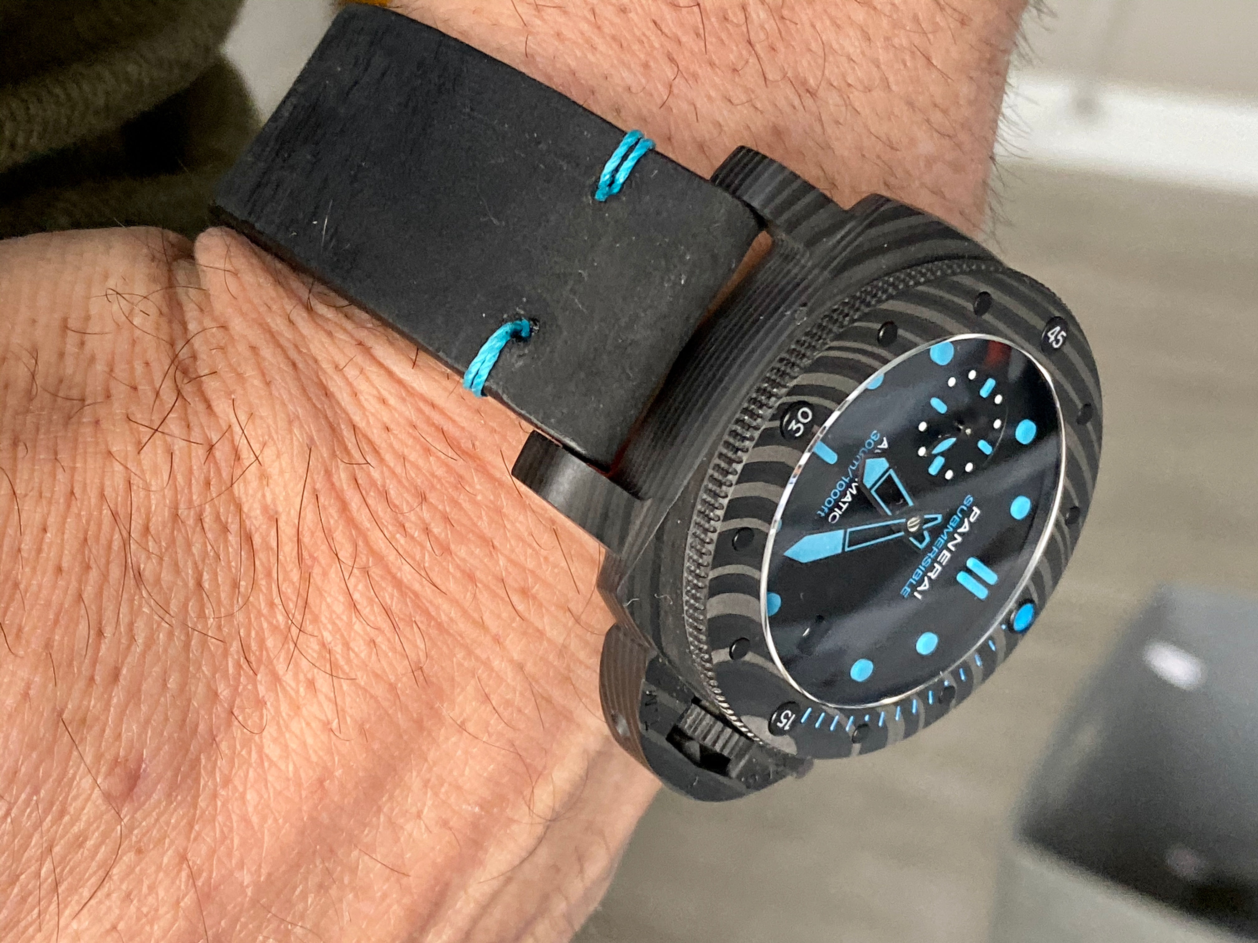 BLACK Crazy Horse Leather Watch strap Thin Light BLUE Stitching