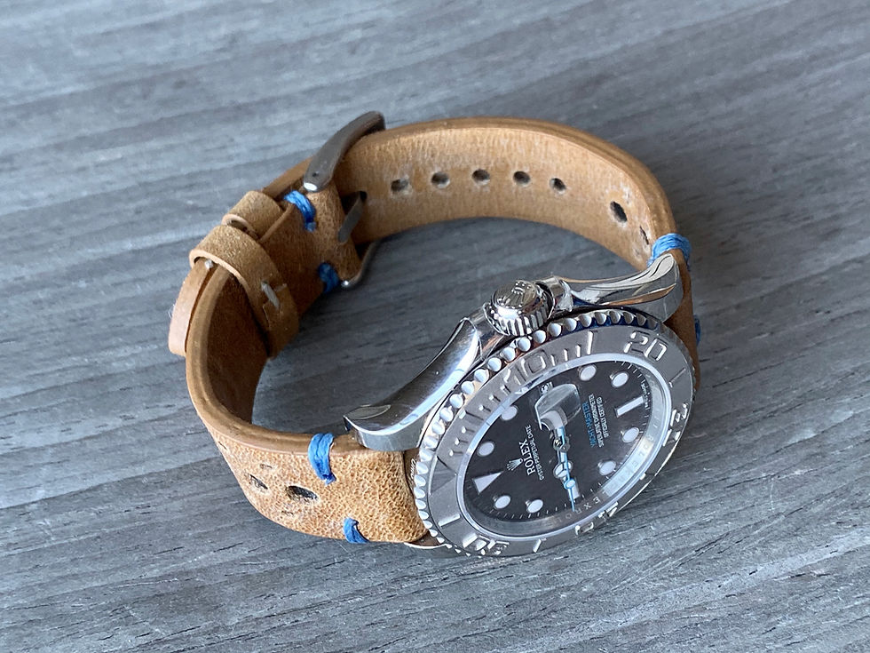 Thumbnail: TAN/BEIGE Thick, Crazy Horse Leather Racing watch strap - Lt. BLUE Stitch