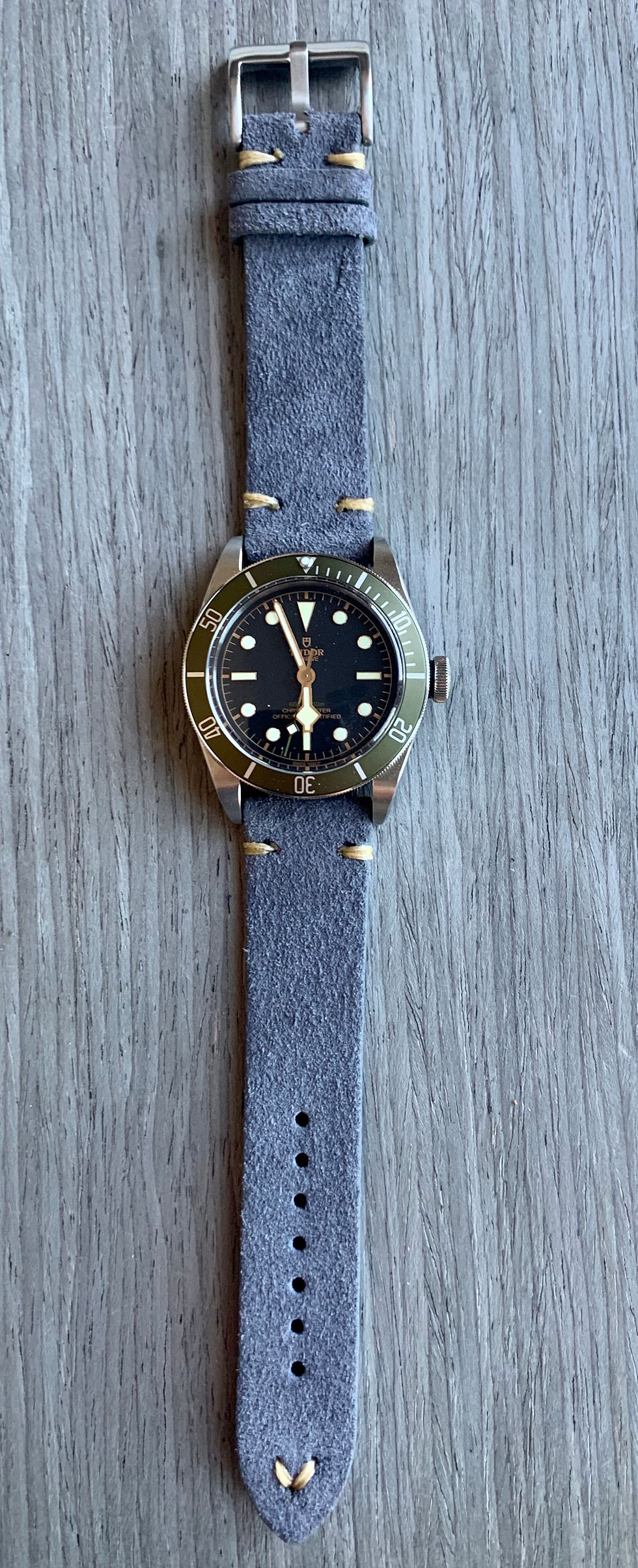 Thumbnail: Gray Suede Vintage Leather strap Tan stitching