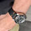 Thumbnail: BLACK Modern Vintage Leather watch strap Thin ORANGE stitch
