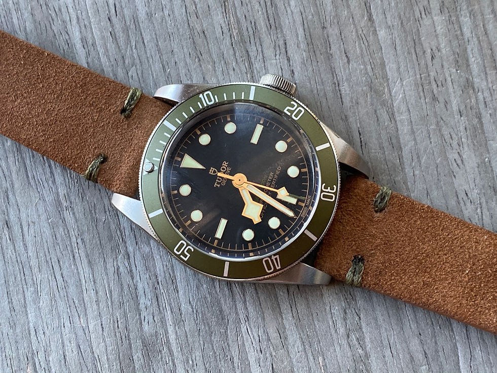 Thumbnail: BROWN Suede Vintage Leather strap band DARK GREEN stitch