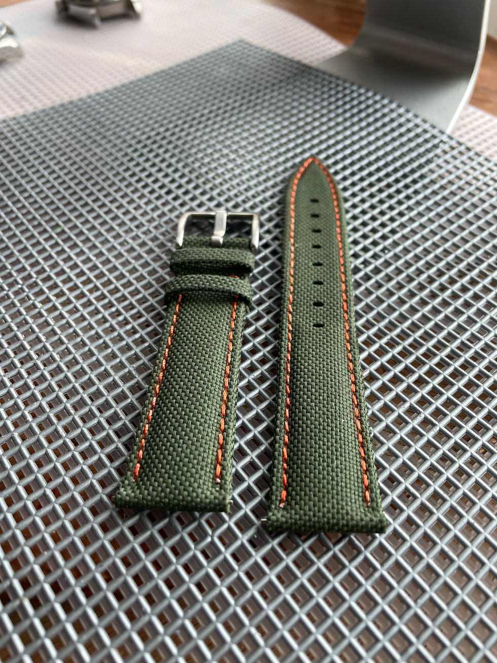Thumbnail: OLIVE Green Double sided sailcloth distressed straps ORANGE stitch