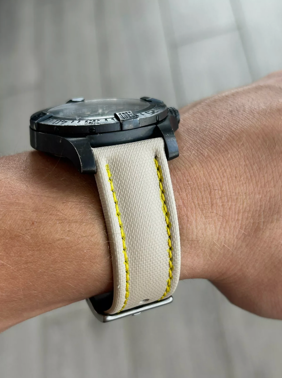 Thumbnail: High Quality TAN/BEIGE Real Sailcloth Waterproof Watch Strap YELLOW Stitch